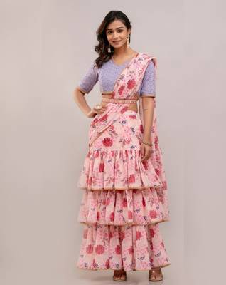 Ready-to-Wear Georgette Saree with Designer Schiffley Blouse in Pink ( Pack of 2 ) 1