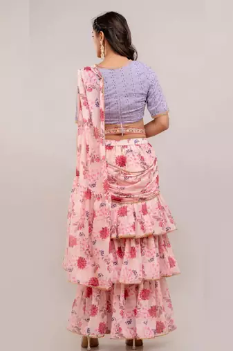 Ready-to-Wear Georgette Saree with Designer Schiffley Blouse in Pink ( Pack of 2 )