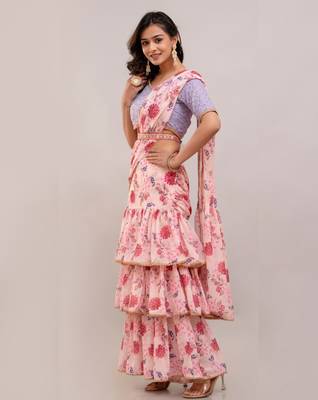 Ready-to-Wear Georgette Saree with Designer Schiffley Blouse in Pink ( Pack of 2 ) 3