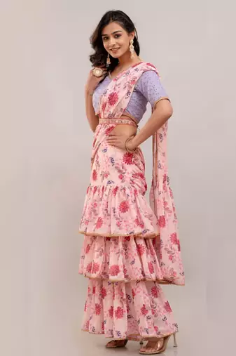 Ready-to-Wear Georgette Saree with Designer Schiffley Blouse in Pink ( Pack of 2 )
