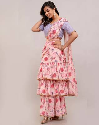 Ready-to-Wear Georgette Saree with Designer Schiffley Blouse in Pink ( Pack of 2 ) 4