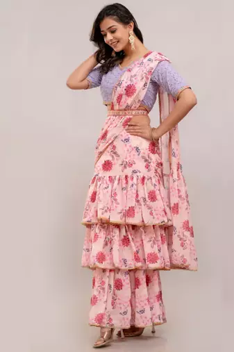 Ready-to-Wear Georgette Saree with Designer Schiffley Blouse in Pink ( Pack of 2 )