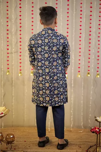 Ink blue block printed kurta set.