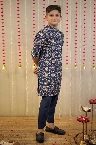 Ink blue block printed kurta set.