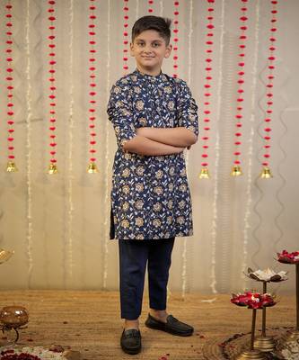 Ink blue block printed kurta set. 1