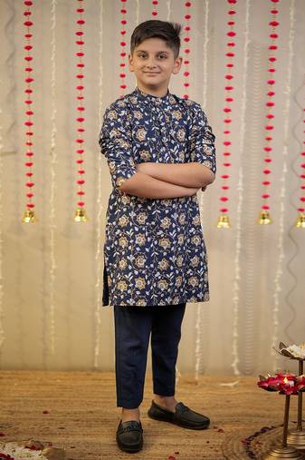 Ink blue block printed kurta set.