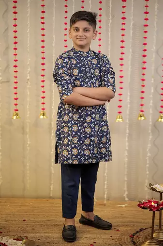 Ink blue block printed kurta set.