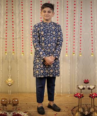 Ink blue block printed kurta set. 5