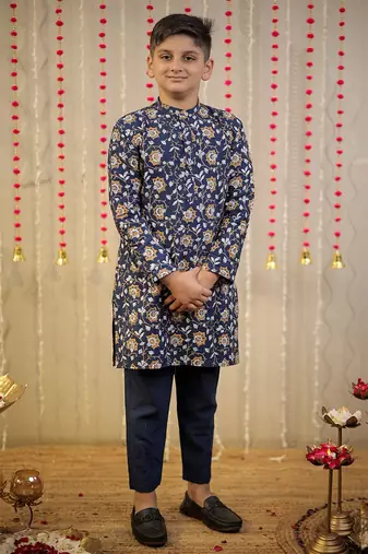Ink blue block printed kurta set.
