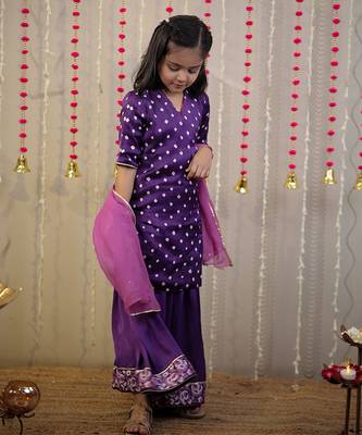 Purple bandhej kurta with sharara set and dupatta. 2