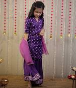 Purple bandhej kurta with sharara set and dupatta.