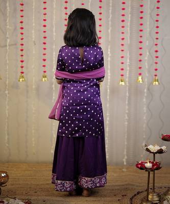 Purple bandhej kurta with sharara set and dupatta. 3