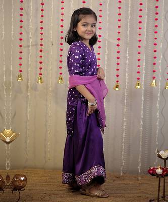 Purple bandhej kurta with sharara set and dupatta. 4