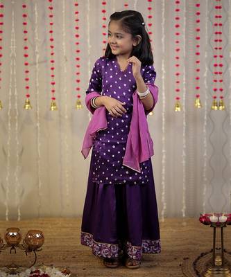 Purple bandhej kurta with sharara set and dupatta. 5