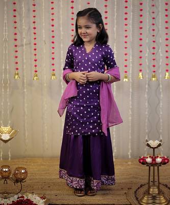 Purple bandhej kurta with sharara set and dupatta. 1