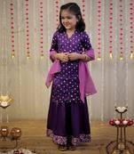 Purple bandhej kurta with sharara set and dupatta.