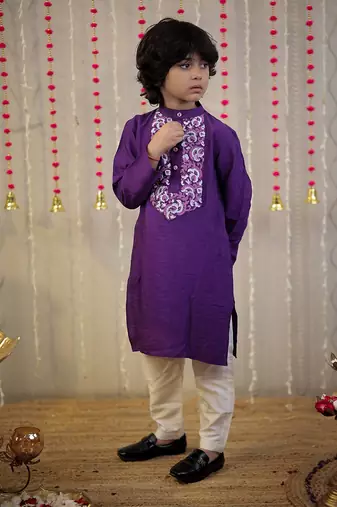 Purple block printed kurta