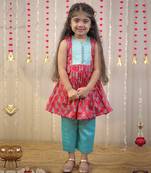 Pink block printed kurta with pants.