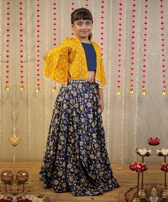 Ink blue block printed skirt with blouse paired with shrug. 1