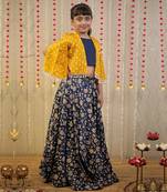 Ink blue block printed skirt with blouse paired with shrug.