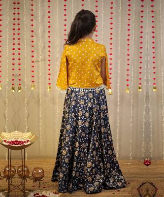Ink blue block printed skirt with blouse paired with shrug. 2