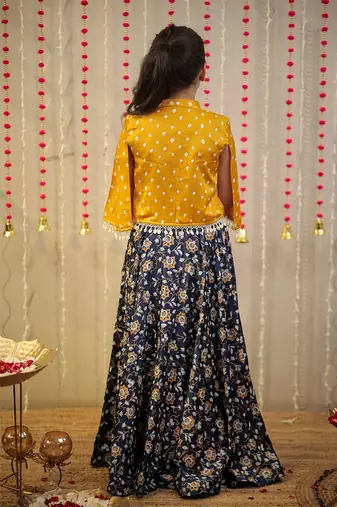Ink blue block printed skirt with blouse paired with shrug.