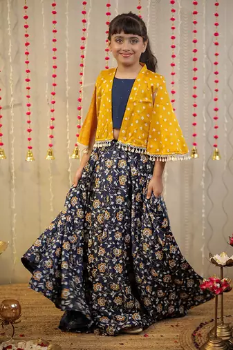 Ink blue block printed skirt with blouse paired with shrug.