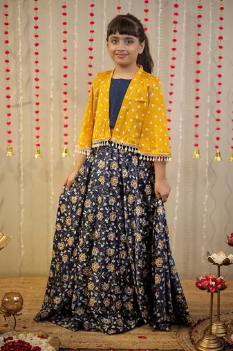 Ink blue block printed skirt with blouse paired with shrug.