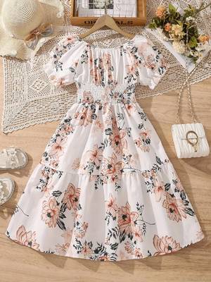 Light orange color printed cotton blend fit&flared style dresses 4