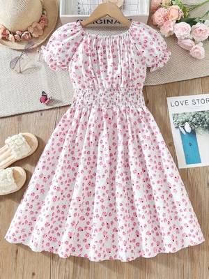 Pink color printed cotton blend fit&flared style dresses 1