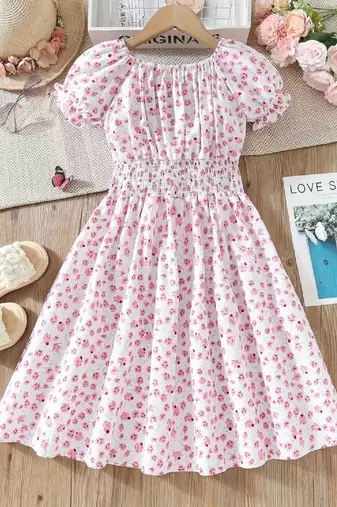Pink color printed cotton blend fit&flared style dresses