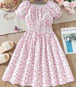 Pink color printed cotton blend fit&flared style dresses