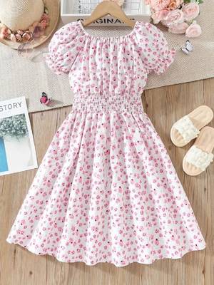 Pink color printed cotton blend fit&flared style dresses 2