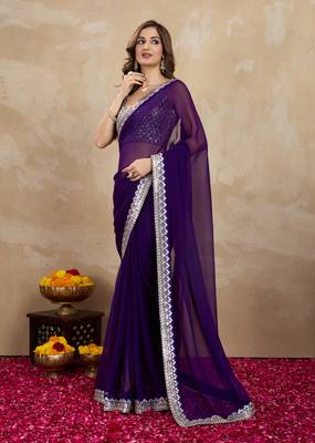 Trendmalls Purple Georgette Embroidery work Saree with Blouse Piece 1