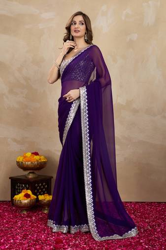 Purple Georgette Embroidery work Saree with Blouse Piece