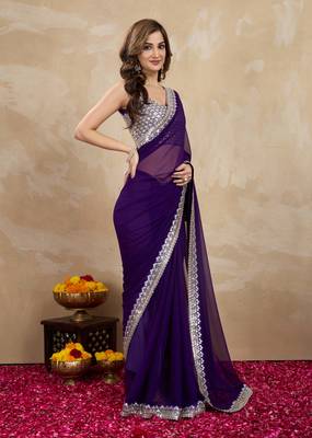 Trendmalls Purple Georgette Embroidery work Saree with Blouse Piece 2
