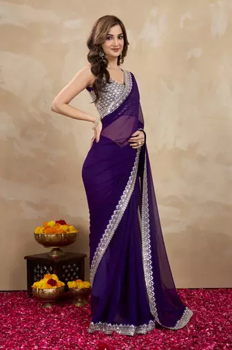 Trendmalls Purple Georgette Embroidery work Saree with Blouse Piece
