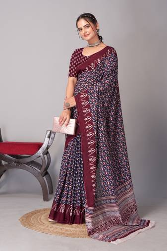 Soft cotton handicraft ajrakh print saree with blouse piece