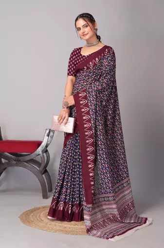 Soft cotton handicraft ajrakh print saree with blouse piece