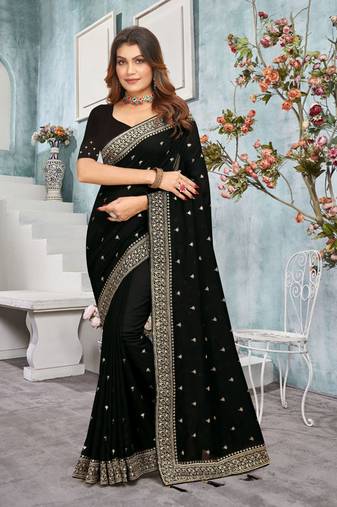 Designer black heavy zari embroidery work silk saree