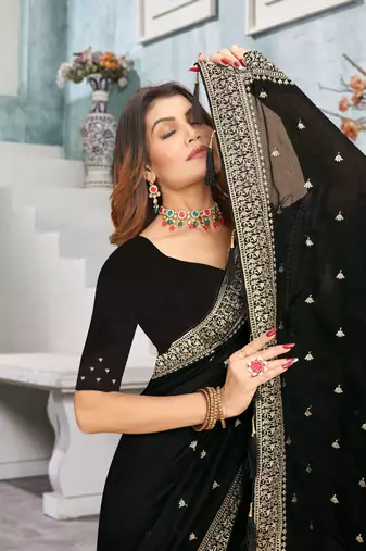 Designer black heavy zari embroidery work silk saree