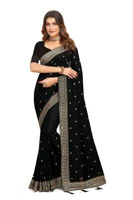 Designer black heavy zari embroidery work silk saree 5