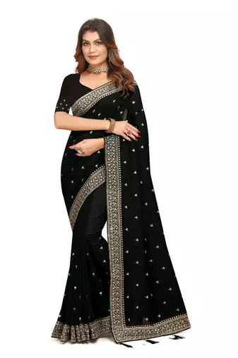 Designer black heavy zari embroidery work silk saree