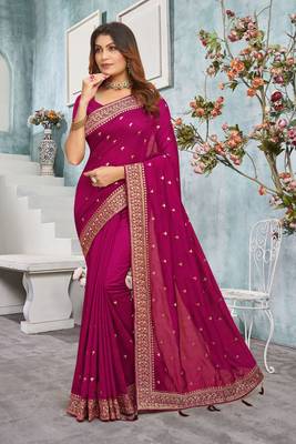 Designer rani heavy zari embroidery work silk saree 1
