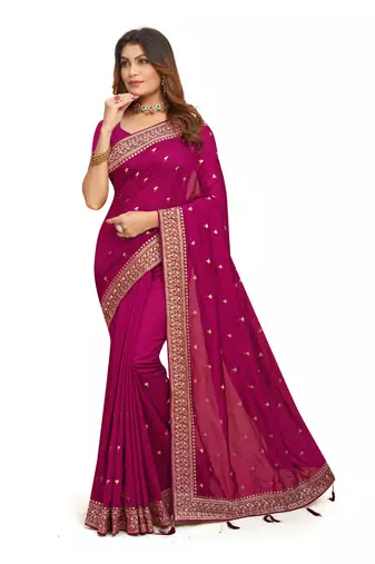 Designer rani heavy zari embroidery work silk saree