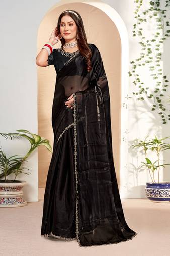 Designer black handwork zarkan cutwork silk saree