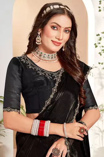 Designer black handwork zarkan cutwork silk saree