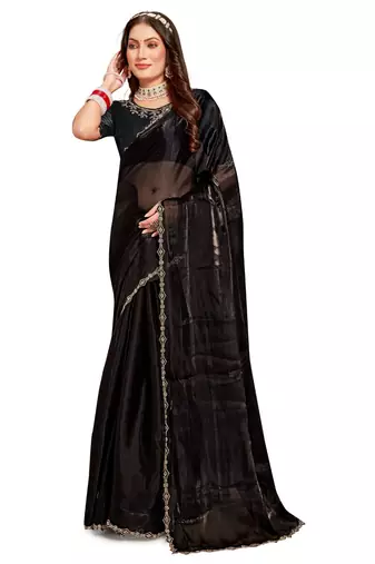 Designer black handwork zarkan cutwork silk saree
