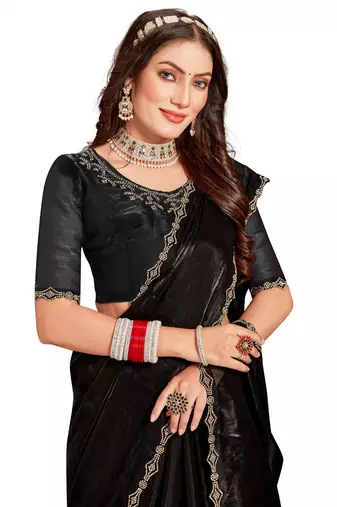 Designer black handwork zarkan cutwork silk saree