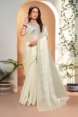 Designer cream handwork zarkan cutwork silk saree 1